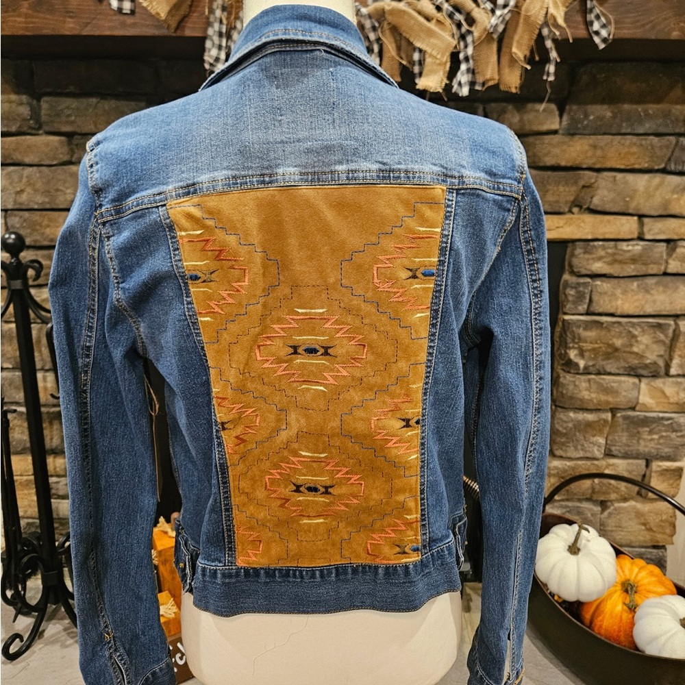 Denim Jacket with Southwestern Pattern
